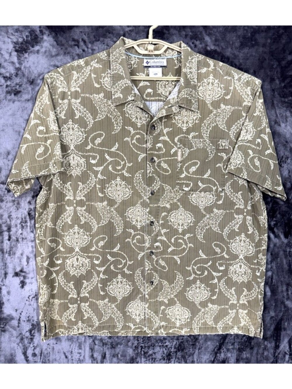 Columbia Mens Olive Green Khaki Tan Floral XXL Button Up Camp Shirt Casual